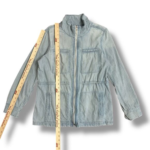 GAP Blue White Railroad Stripe Utility Jacket L Zip Front Waist Chore Coat - Picture 4 of 10